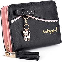 UTO Carteras Pequeñas Mujer PU Cuero Monedas Tarjeta Monedero Billetera con Cremallera y Borla Adornos de Gatito Negro